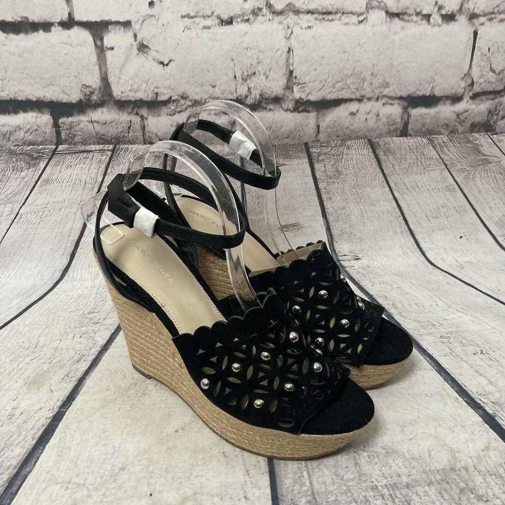 Marc Fisher Shoes Womens‎ Size 10 Black Hata Wedge Sandals Espadrille Studded